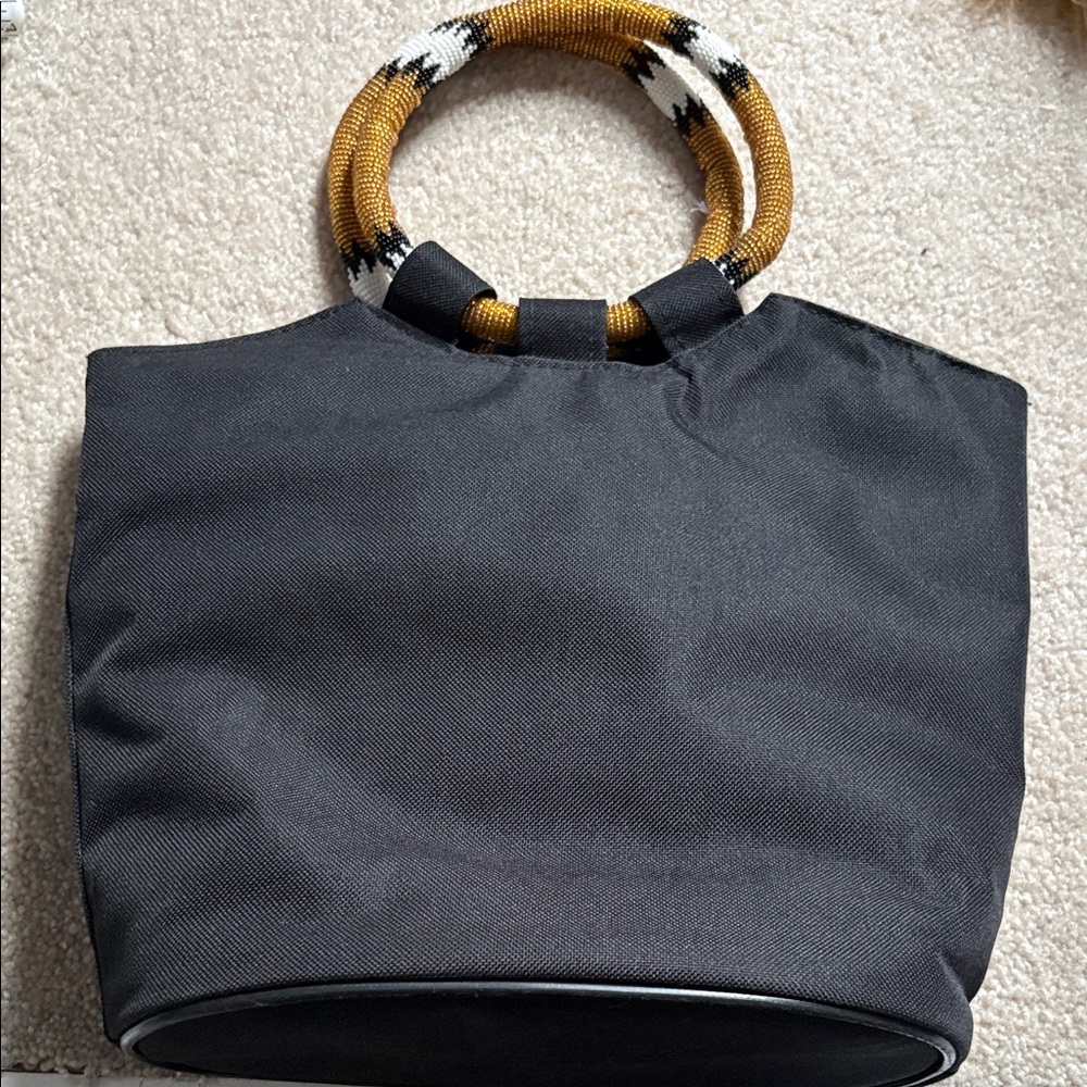 Zara Black Tote with Mustard and White Patterned Rope Handles